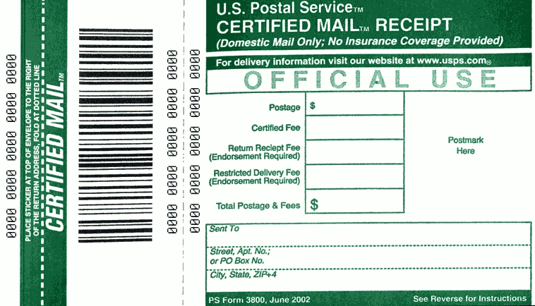 Бланк формы 3800 Certified Mail